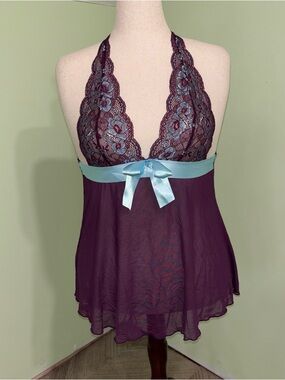 VTG Lovers Lane Sheer Purple Babydoll Halter Chemise Bow Fairy Y2K Women’s M